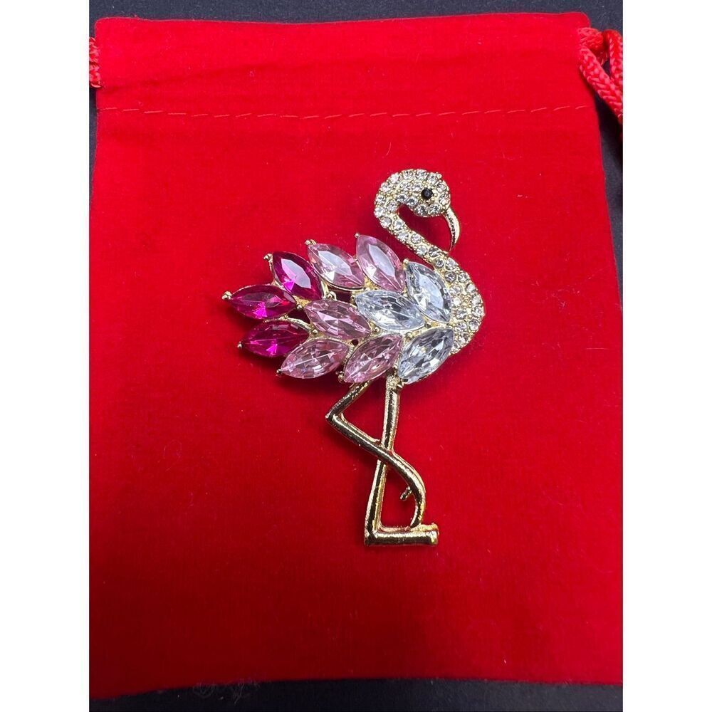 Gold Tone Fuchsia Pink Clear Rhinestone Flamingo Brooch Pin